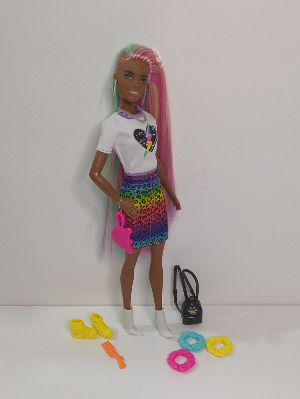 Barbie Multicolor Rainbow Hair Doll with Pink Heart Purse